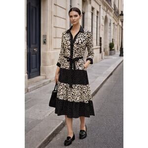 Leona Edmiston Frocks Silk Shirt Dress S Black Cream Polka Dot Tiered Parisian